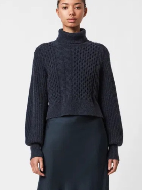 All Saints Sweaters - All Saints Claude Cropped Sweater Chunky Cable Knit Mock Neck Wool Blend SM Blue